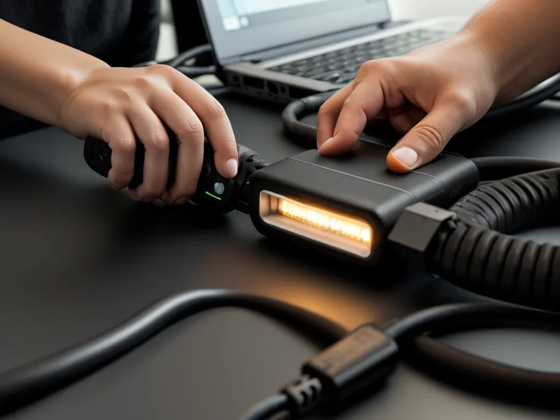Hand plugging a cable into a portable power station in a home office
